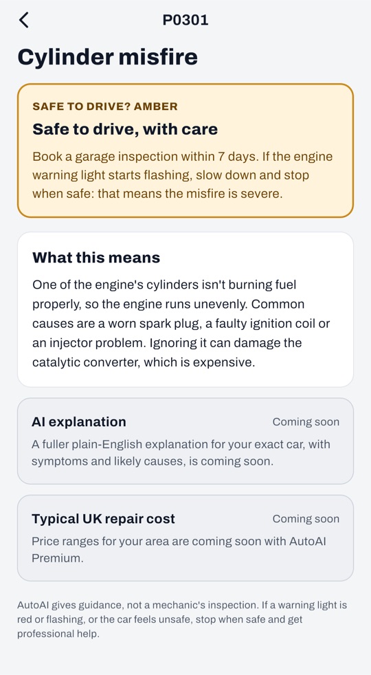 AutoAI fault screen: Cylinder misfire, amber, safe to drive with care
